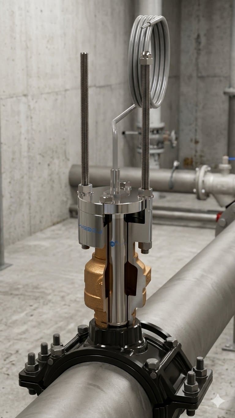 Halogen sensor installed in distribution system pipe via wet-tap