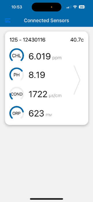 Halogen mobile app showing real-time chlorine and pH readings via Bluetooth